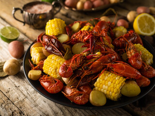 In the photo we see a beautiful still life of appetizing crayfish, bright yellow pieces of boiled corn. Also on a wooden table in the background is a gravy bowl with sauce, vegetables are on the plat