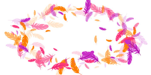 Pink violet orange feather floating vector background. Flying bird plumage pattern.