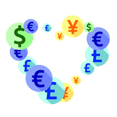 Euro dollar pound yen round icons scatter money vector design. Payment pattern.