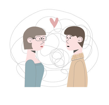 Woman and man met first time, they in love with each other at first real sight. Flat vector illustration for card, post