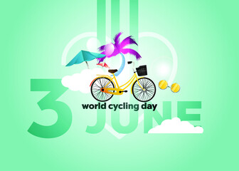 World Bicycle Day illustration. Green bicycle icon. Bike silhouette isolated on a green background. Bicycle Day Poster, June 3. Important day