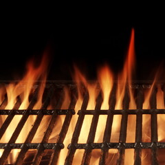 Empty Flaming BBQ Charcoal Grill, Closeup. Hot Barbeque Grill Ready Cooking Food On Cast Iron Grate. Concept For Cookout, Barbecue Party At Garden Or Backyard. Grill With Bright Flames Black Isolated.