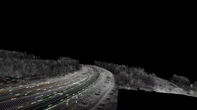 Digital terrain model of railway region obtained from lidar scanning results (BIM DTM)/ Dense point cloud model obtained by aerial laser scanning
