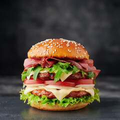 Fresh tasty burger on dark background