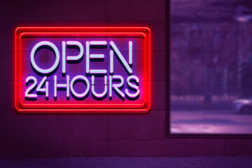 we are open 24/7 hours neon sign on the wall, night life illuminated glow