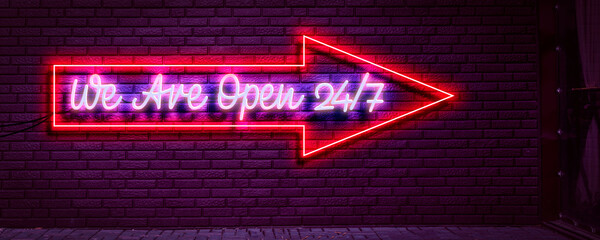 we are open 24/7 hours neon sign on the wall, night life illuminated glow - Powered by Adobe