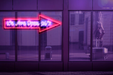 we are open 24/7 hours neon sign on the wall, night life illuminated glow