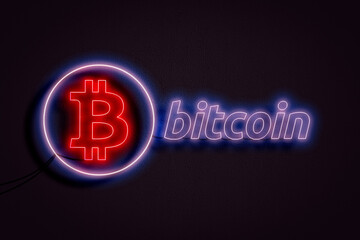 bitcoin text and logo neon sign on the wall, abstract crypto currency money  concept