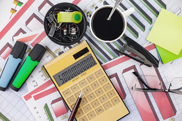 Items for doing business and accounting in the office on the table