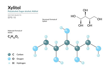 Xylitol. Food additive E967. Sugar alcohol. Alditol and Sugar substitute. Polyalcohol. C5H12O5. Structural Chemical Formula and Molecule 3d Model. Atoms with Color Coding. Vector Illustration