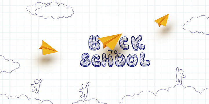 Back to school notebook background. Drawing children and flying yellow paper airplanes banner. Vector doodle kids with 3d planes on education poster