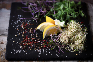 Set microgreens with spices on a stone board. Macro.