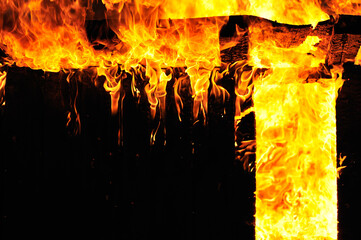 Burning shed, fierce fire flames