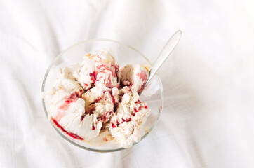 Vanilla ice cream with chocolate chip cookies, chocolate chips and caramel, strawberry or raspberry sauce.