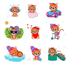 Summer and winter tiger sticker pack. Funny tigers stickers set .funny tigers vector.