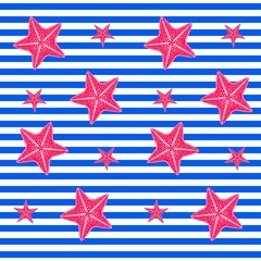Obraz premium Seamless blue and white striped pattern with crimson starfish. Beach towel, print for fabric.
