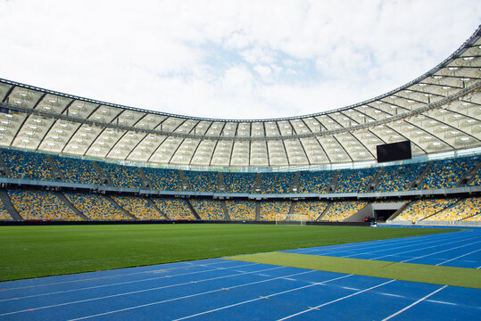 Panoramic View Of Soccer Field Stadium And Stadium Seats. Olympic Stadium, Kiev, Ukraine.