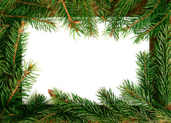 Christmas composition of Christmas tree branches and a white sheet of paper for your text. Flat lounger, top view, copy space. New Year card.
