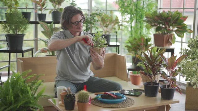 man caring for his plants .A hobby of gardening at home