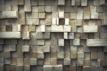 Wall from Wooden Blocks Textured Rough Background. Pine Wood Panel for Design. Seamless Texture of Wooden Blocks in Collage Background. Wooden Blocks Wall. Mosaic Wooden Tile Wall Wallpaper.