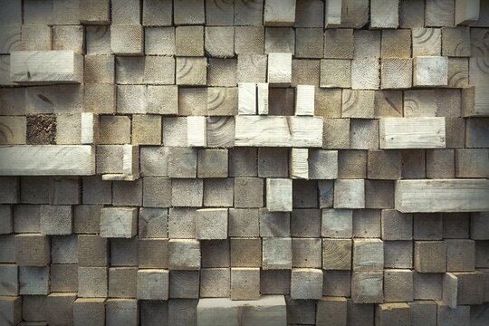 Wall from Wooden Blocks Textured Rough Background. Pine Wood Panel for Design. Seamless Texture of Wooden Blocks in Collage Background. Wooden Blocks Wall. Mosaic Wooden Tile Wall Wallpaper. © Alex
