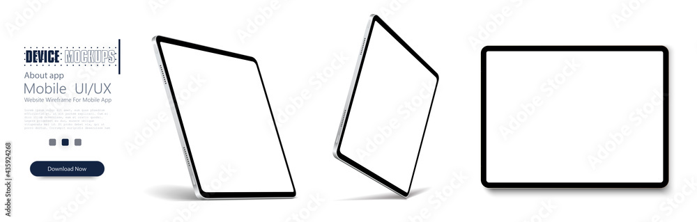 Fototapete tablet frame less blank screen, rotated position. tablet from different angles. mockup generic devic