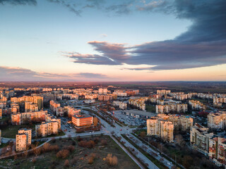 Aerial Sunset view of Typical residential building in Plovdiv, Bulgaria
