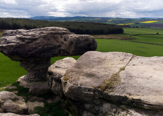 The Bunnet Stane is a rock formation near the hamlet of Gateside in Fife, at the foot of West Lomond. It sits upon one of the calciferous sandstone around the base of the Lomond Hills. Scotland. U.K.