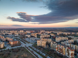 Aerial Sunset view of Typical residential building in Plovdiv, Bulgaria
