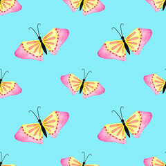 Cute butterflies hand drawn watercolor seamless pattern