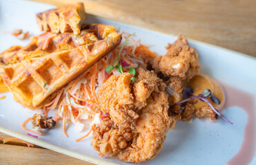 Savoury Waffles with Fried Chicken And Coleslaw, Selective Focus