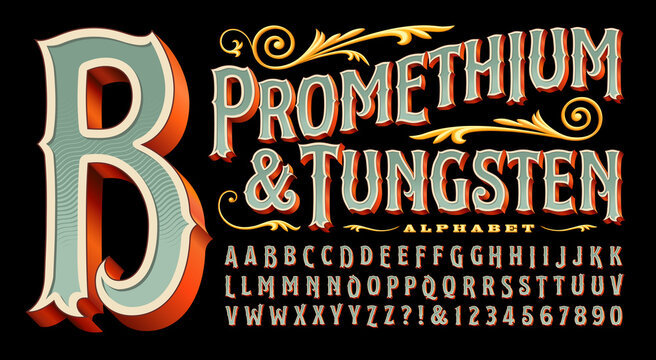 Promethium and Tungsten is an elegant and ornate alphabet with vintage style 3d details. Good for circus, carnival, amusement park, steampunk, logos for tattoo parlor, curio shop, carousel, etc.