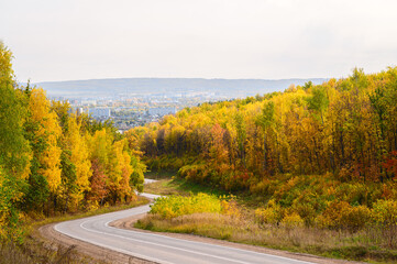 A winding asphalt road through a picturesque autumn forest leading to the city. Beautiful sunny autumn day.