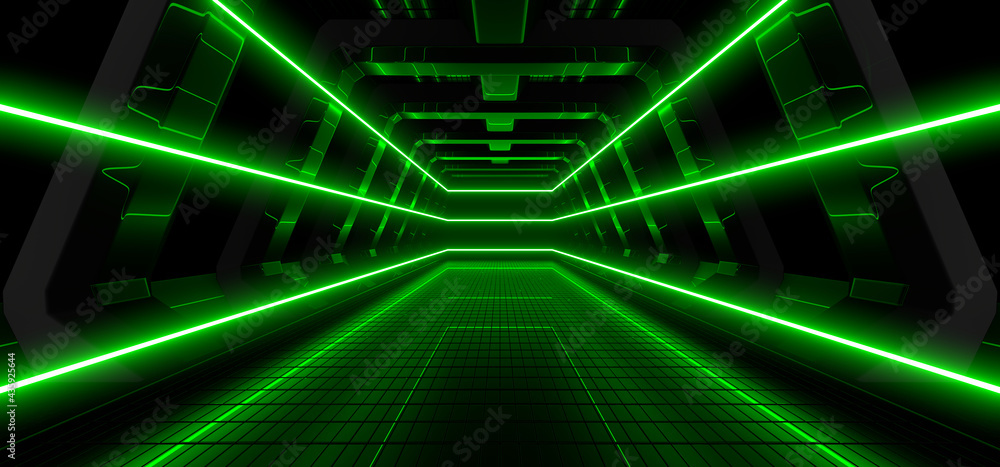 Fototapete sci fy neon lamps in a dark corridor. reflections on the floor and walls. 3d rendering image.