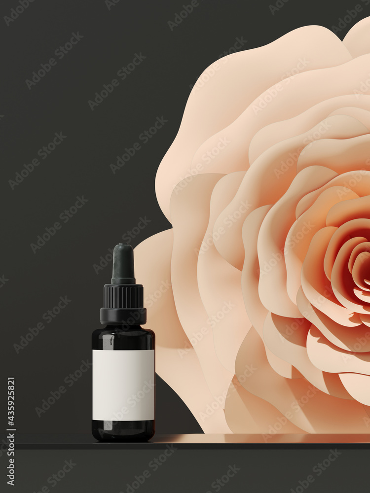 Poster summer mockup background for product presentation. beige paper flower and podium on black background