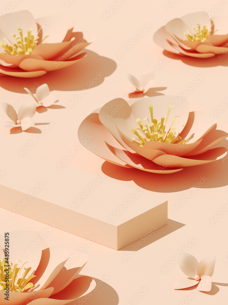 Aufkleber summer mockup background for product presentation. paper flower and podium on beige background. 3d r