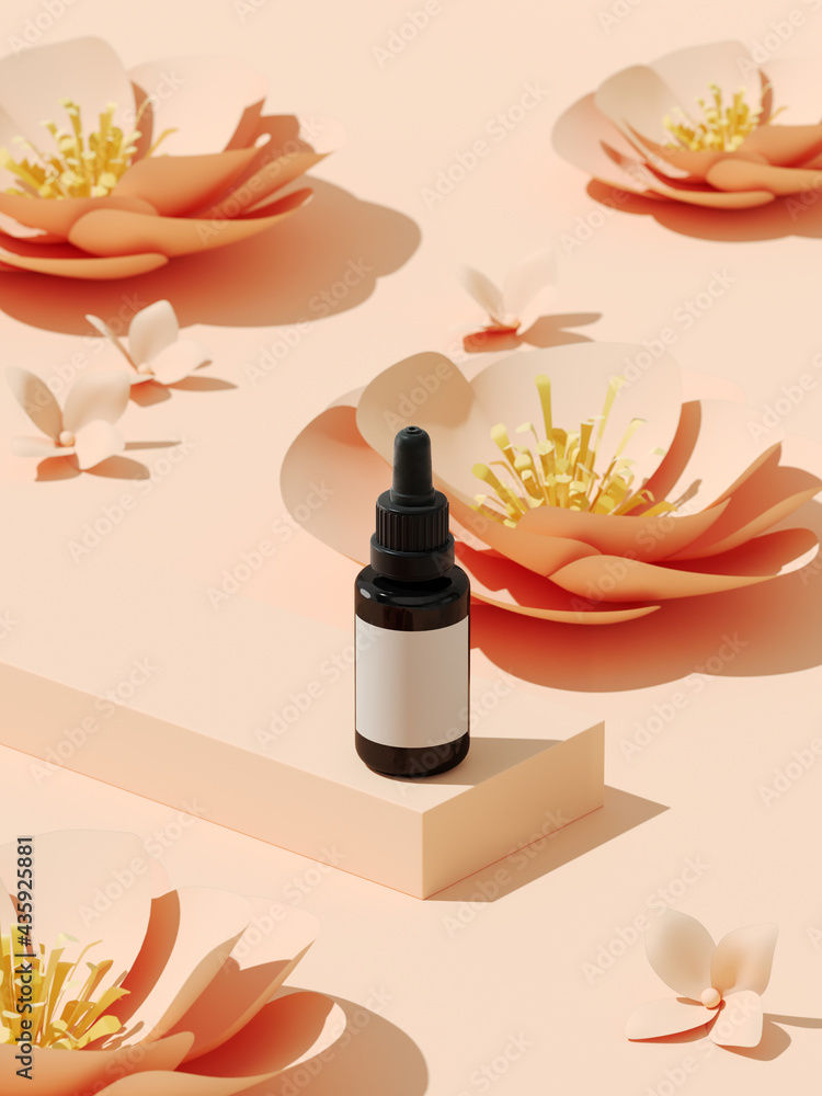 Poster summer mockup background for product presentation. paper flower and podium on beige background. 3d r