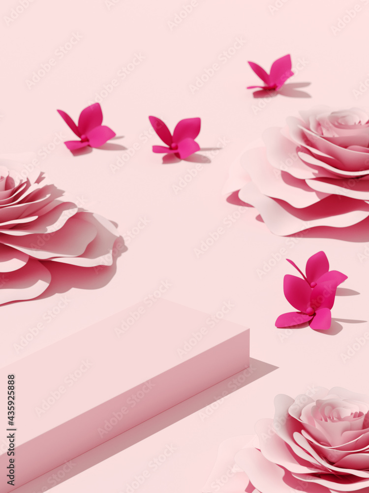 Aufkleber summer mockup background for product presentation. paper flower and podium on pink background. 3d re
