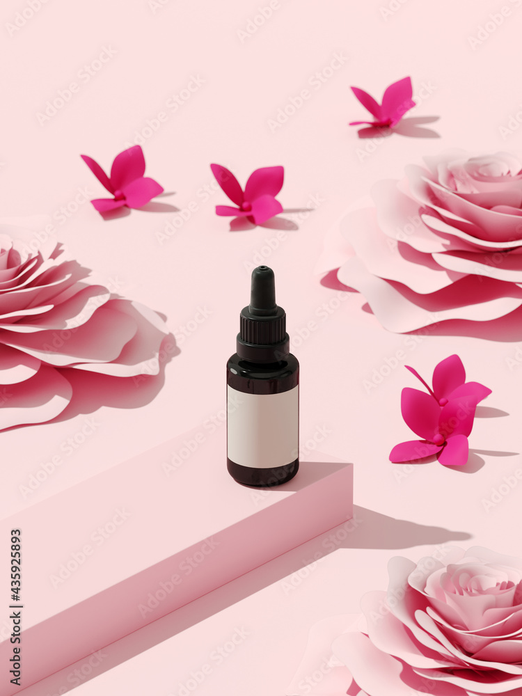 Aufkleber summer mockup background for product presentation. paper flower and podium on pink background. 3d re