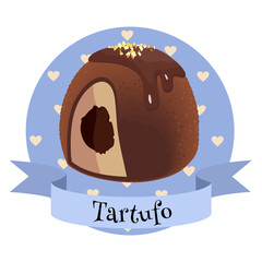 Italian dessert tartufo. Colorful illustration in cartoon style.