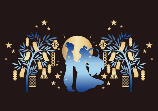七夕 笹 夏 織姫 彦星 牽牛 シルエット 影絵 切絵 背景 イラスト素材 Stock ベクター Adobe Stock