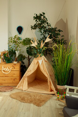 interior of a children's room or recreation area: a wigwam with soft pillows, a wooden nightstand made of environmentally friendly materials. plastic plants to decorate the space © skeronov