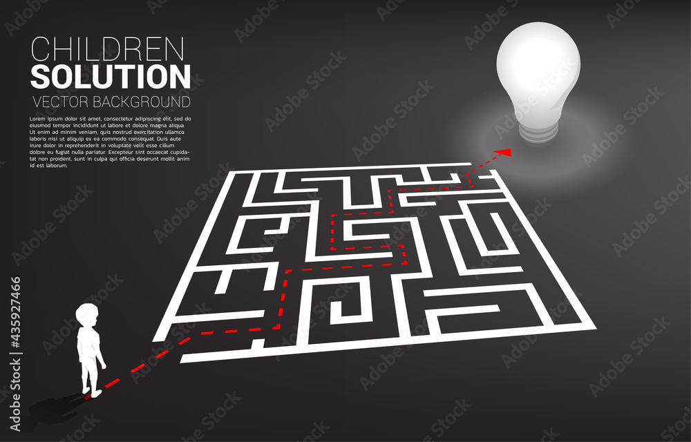 Poster Silhouette of boy with route path to exit the maze to light bulb. Concept of education solution and future of children.
