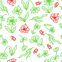 Hand drawn summer seamless pattern of a flowers and leaves. Perfect for scrapbooking, greeting card, textile and prints. Vector illustration.
