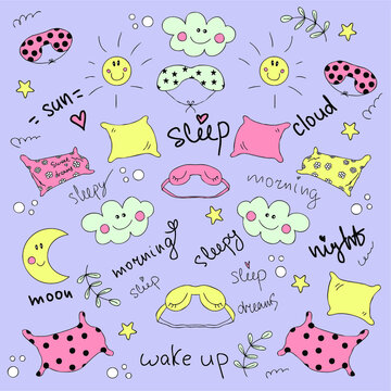 Time to go to sleep colorful element set: pillows, sleep masks, moon, stars, sun, clouds. Perfect for scrapbooking, greeting card, poster, tag, sticker kit. Hand drawn vector illustration.
