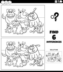 differences game with cartoon dogs coloring book page