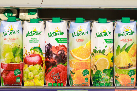 Assortment of Naturalis natural fruit juices in a tetrapak. May 26, 2021 Balti Moldova, Illustrative editorial