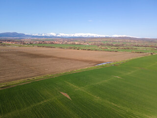Fototapeta na wymiar Aerial Spring landscape of Rural Land near town of Hisarya, Bulgaria
