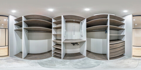 full seamless spherical hdri panorama 360 angle view inside empty big wardrobe room in modern...