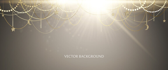 Abstract shining background. Elegant decorations with stars, the moon, many golden garlands and a big bright flash of light. Vector illustration